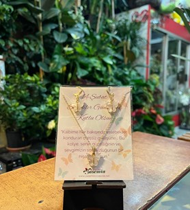 kelebek kolye seti, sevgiliye takı hediye, kelebekli küpe, k